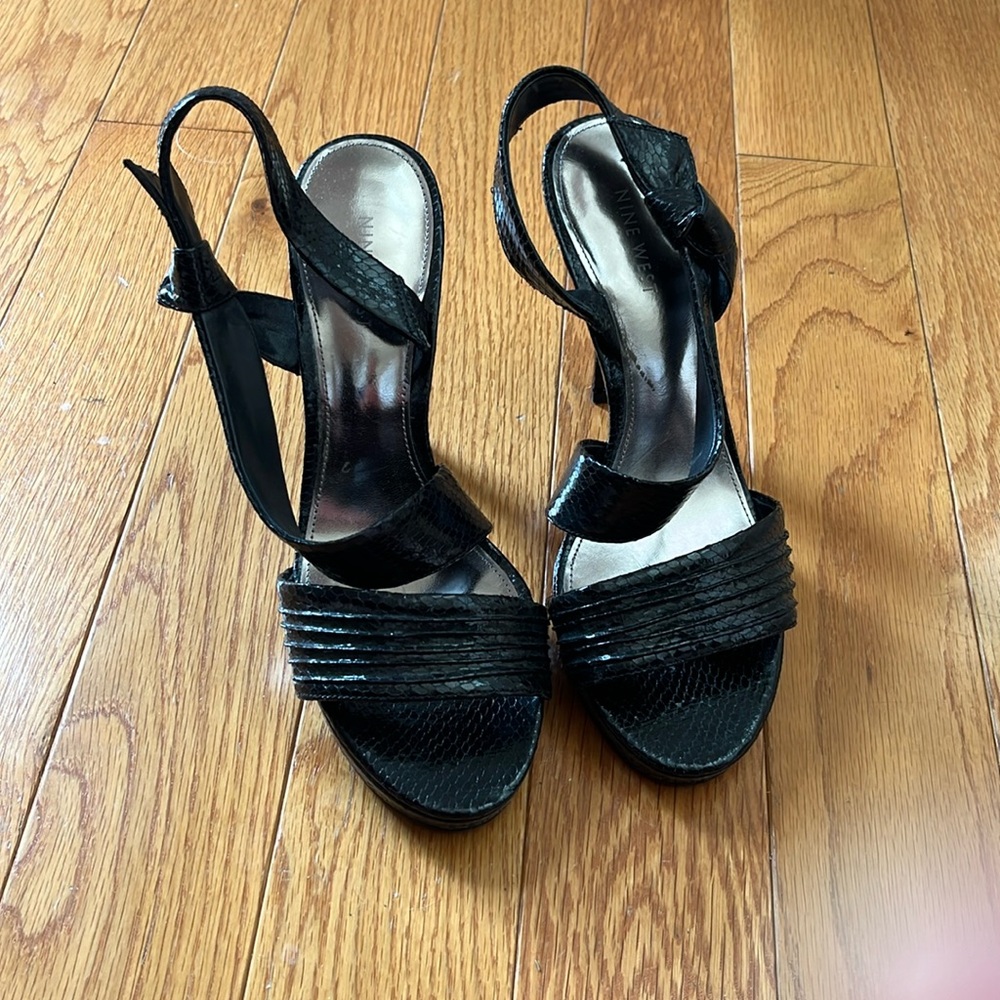 Nine West stiletto sandals in black snakeskin with bow detail